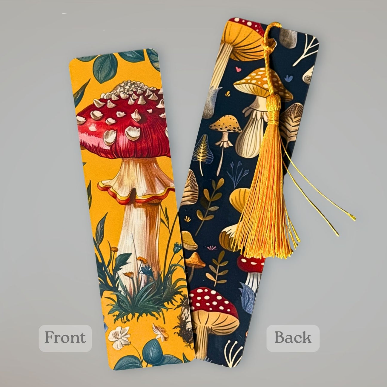 Front and back images of the bookmark laying on a grey background.