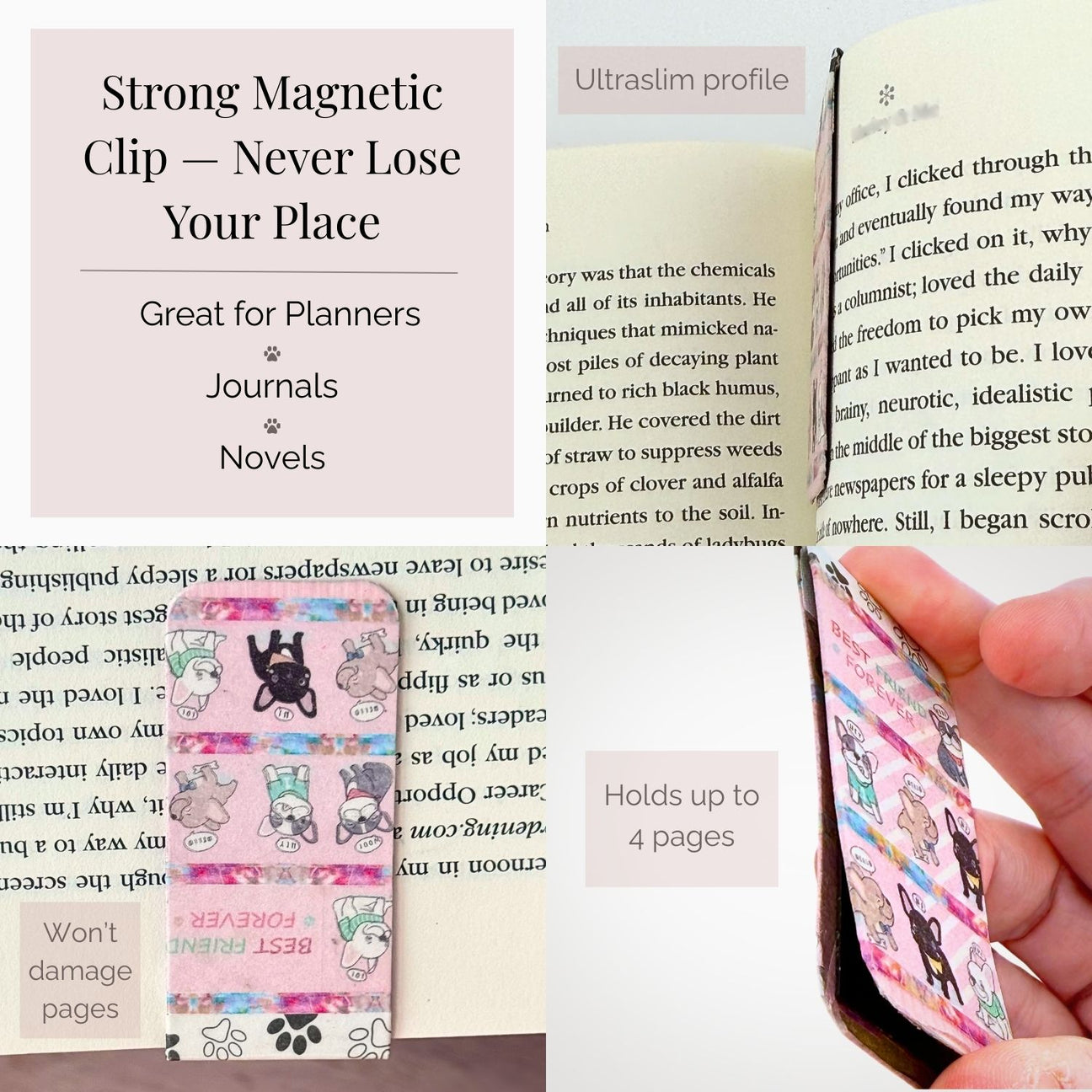 Collage showing magnet clipped to various book pages