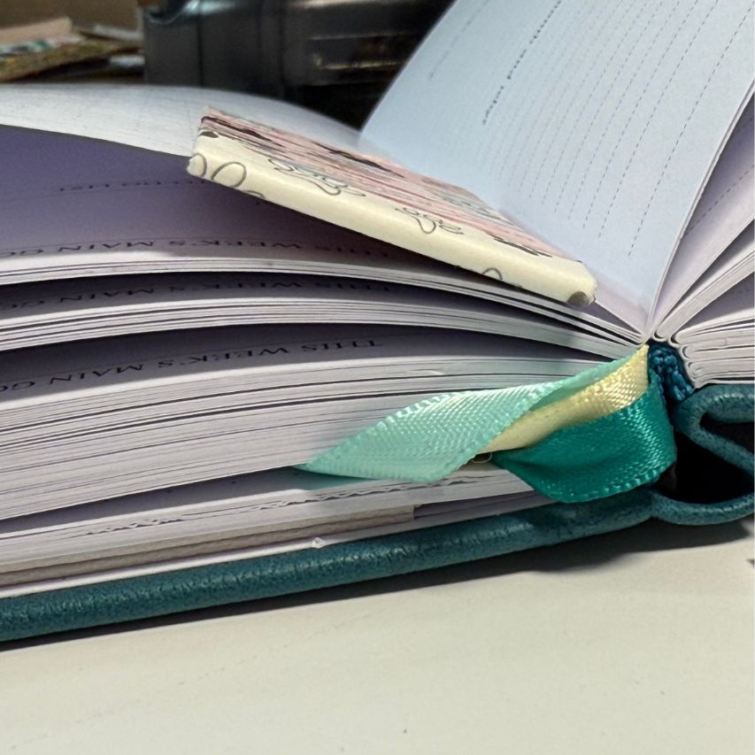 Open book with a green ribbon and a profile view of a magnetic bookmark on a light surface.