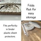 images of lantern laying flat with text folds flat for easy storage in binder sheets.