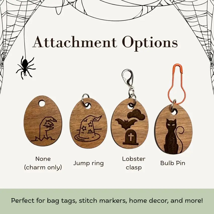 Wooden charms with various attachments on a Halloween-themed background