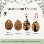 Wooden charms with various attachments on a Halloween-themed background