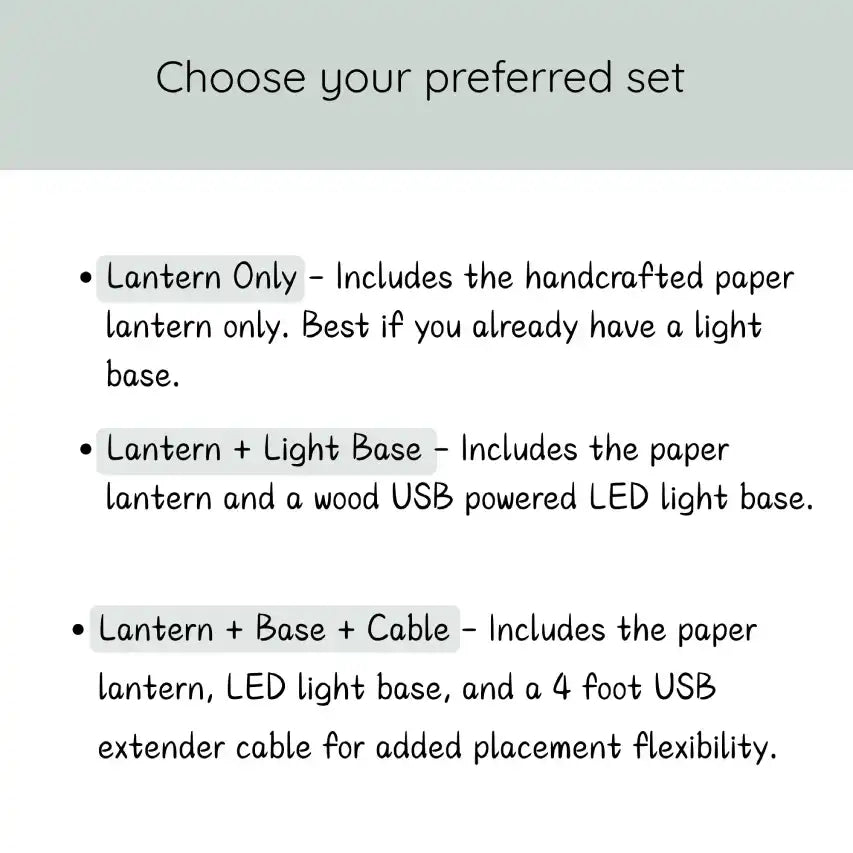 Text description of paper lantern options of lantern only, lantern plus light base, and lantern plus base plus cable on a white background.