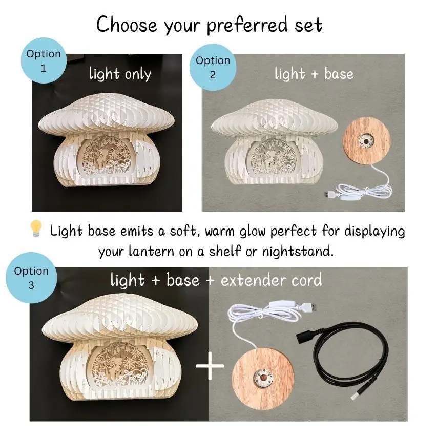 3 paper lantern set options: light only, light plus base, or light, base, usb extender cord