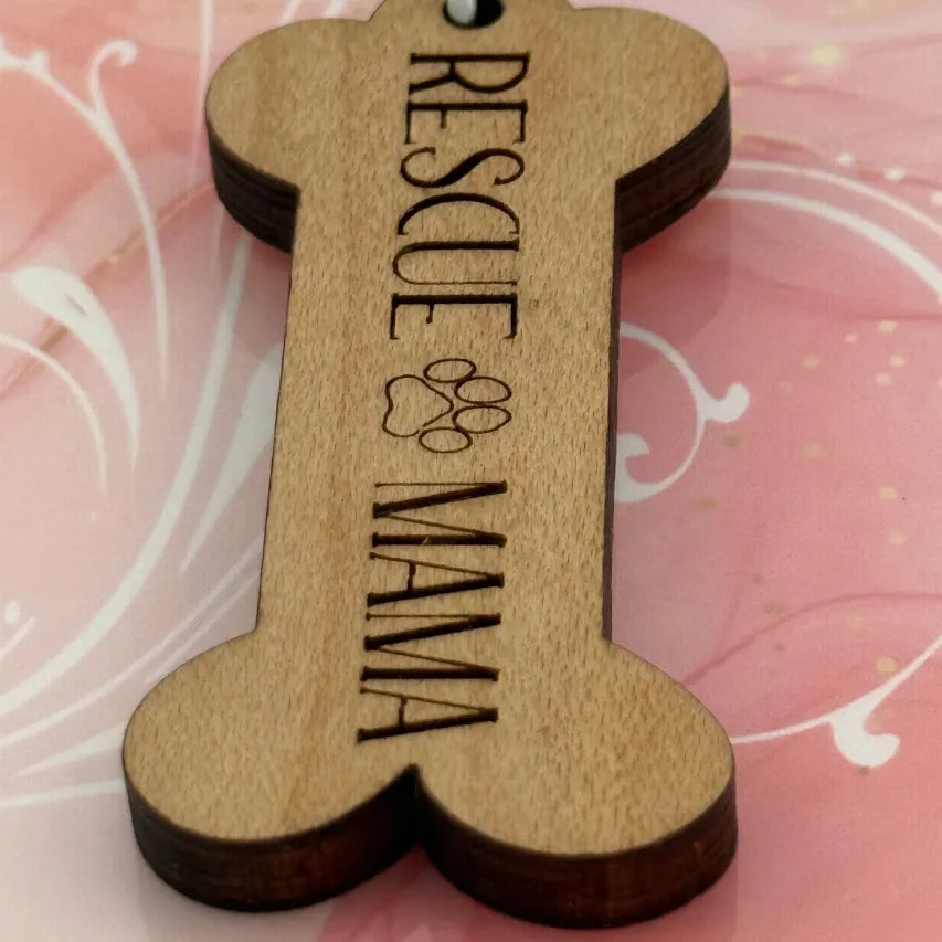 Engraved Wood “Rescue Mama” Bone Keychain with Paw Print | Handmade Pet Lover Gift